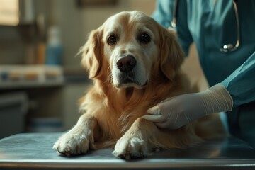 Veterinary care for golden retriever animal clinic photography indoor close-up pet wellness