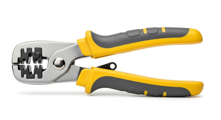 Obraz premium A professional-grade ratcheting wire crimper tool with yellow and black insulated handles for electrical connections, isolated on a white background