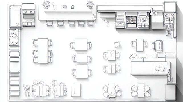Top-down view of a cafe floor plan.  Possible use for architectural design
