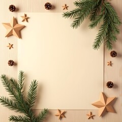 Cozy christmas frame with pine branches stars and pinecones on beige background
