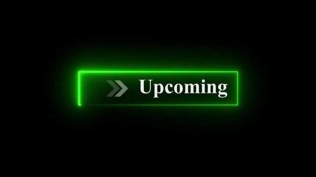 Neon upcoming button animation on black background with glowing arrows pointing right, futuristic navigation UI element, bright blue neon highlight, modern interface click action indicator animation
