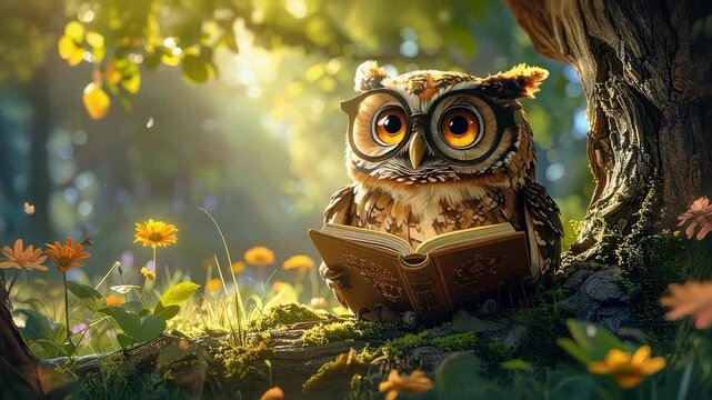 Wise Owl's Study: An adorable owl with glasses engrossed in a book in a peaceful natural setting, evoking the charm of learning, surrounded by flowers and dappled sunlight.