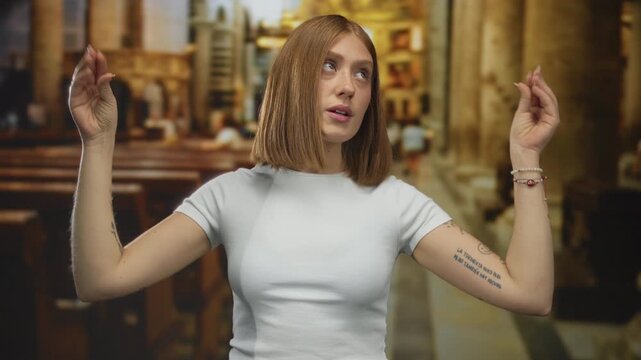 Young blonde woman arms raised in mocking gesture inside church interior; mockery gossip disbelief.