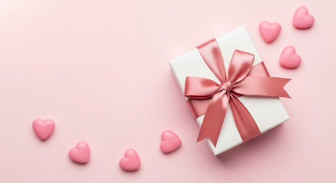 A white gift box adorned with a pink satin ribbon and bow surrounded by scattered pink heart candies on a solid pink background present love candy romantic celebration surprise birthday Valentines Day