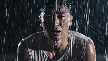 Powerful moment of a man seeking solace in rain, depicting emotion and resilience, suitable for dramatic storytelling