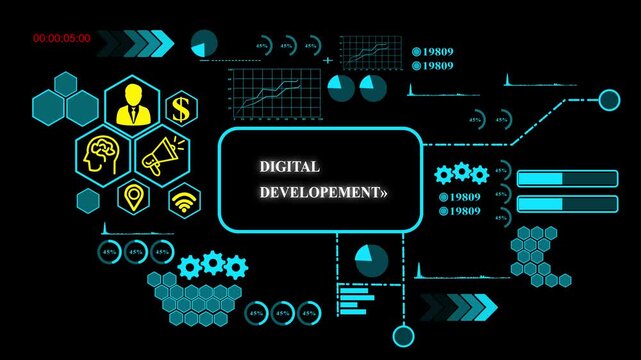 Digital Developement, concept with Data Analytics, Business Graphics, loading bar, gearbox, Asymptotic smart data analytic,4k video