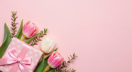 Pink gift box with white hearts pink and white tulips and green sprigs arranged on a solid pink background Pink Tulips Flowers Arrangement Spring Floral Celebration Present Surprise Romantic