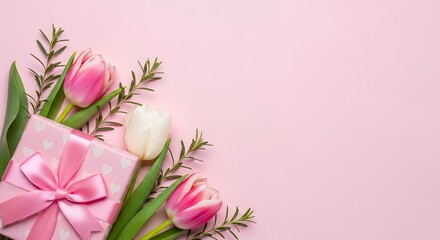 Fototapeta premium Pink gift box adorned with a satin bow and heart pattern surrounded by pink and white tulips and delicate green sprigs against a soft pastel pink backdrop Present Flower Ribbon Hearts Romantic