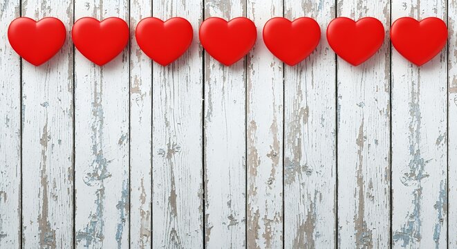 Seven bright red heart shapes are evenly spaced across the top of a weathered distressed white wooden plank background with visible grain and texture hearts love romance Valentines Day symbol