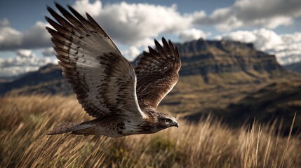 A majestic raptor, wings spread, soars above golden grasslands with a mountain backdrop under a cloudy sky