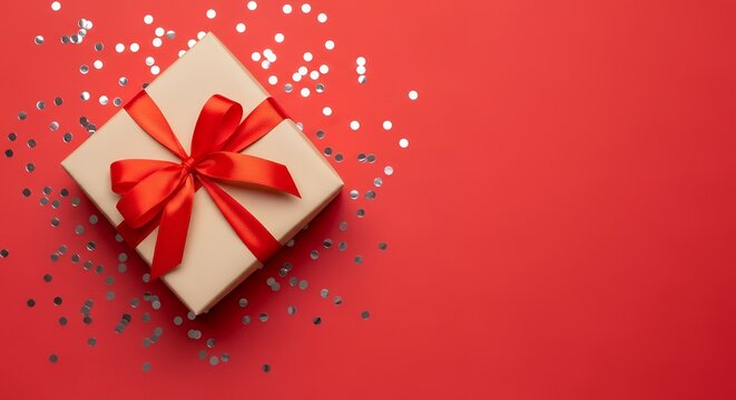 A beige gift box with a bright red ribbon bow sits on a vibrant red surface scattered with silver confetti dots This arrangement suggests celebration or holidays with ample negative space for text - Powered by Adobe