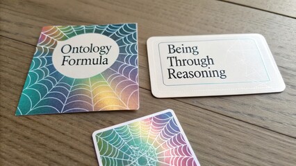 Colorful cards featuring ontology formula and reasoning concept on wooden surface in bright natural light