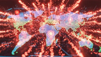 Breaking news alerts exploding across digital world map, global updates emerge