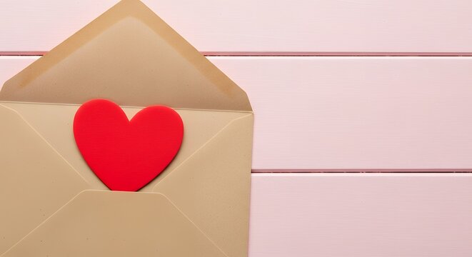 A bright red heart shape peeking out from an open kraft paper envelope resting on a light pink wooden background surface love valentine message romantic greeting communication letter symbol romance - Powered by Adobe