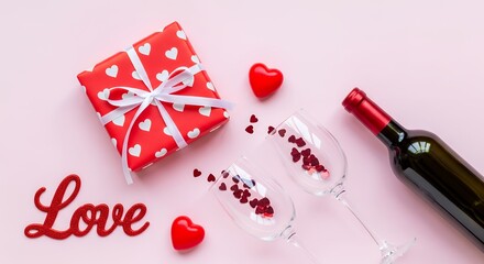 Red gift box with white hearts two wine glasses with heart confetti a bottle of red wine and a decorative Love sign on a pink background Valentines Day romance celebration couple romantic occasion