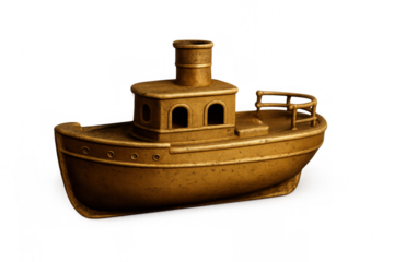 Golden vintage metal tugboat board game token creating financial strategy and success concept