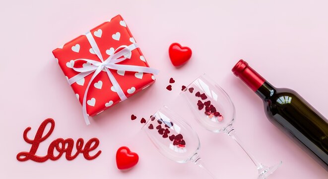Red gift box with white hearts two wine glasses with heart confetti a bottle of red wine and a decorative Love sign on a pink background Valentines Day romance celebration couple romantic occasion