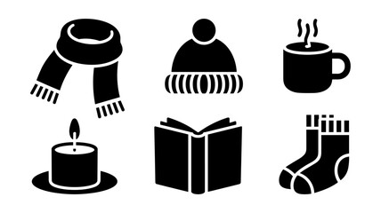 Cozy winter essentials icons for relaxation and comfort