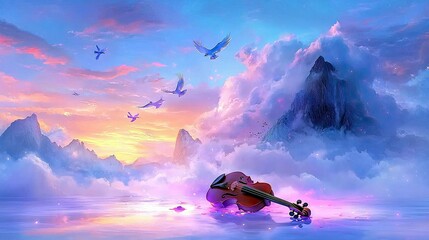 A violin lies on the reflective surface of water, surrounded by misty mountains and flying birds under a vibrant sunset sky.