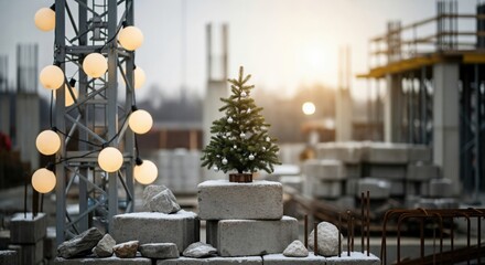 Construction Site with Christmas Tree and Snowy Surroundings in Winter