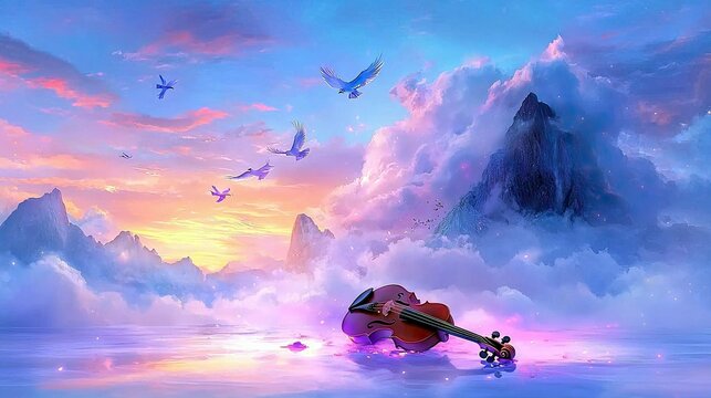 A violin lies on the reflective surface of water, surrounded by misty mountains and flying birds under a vibrant sunset sky.