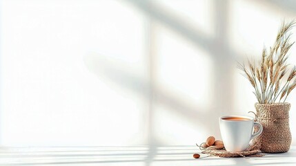 A white mug of coffee sits on a coaster next to dried wheat stalks in a burlap vase, with nuts scattered around.