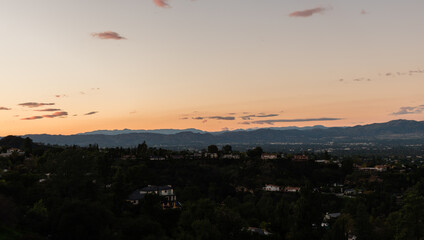 Scenic panoramic aerial San Fernando Valley vista at sunset, Los Angeles, Southern California