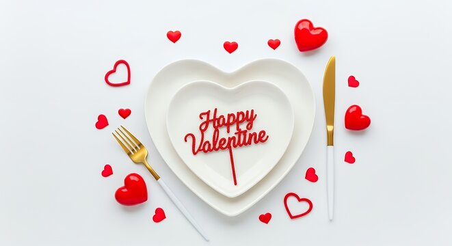 A white heart shaped plate is stacked on another heart shaped plate adorned with a red Happy Valentine cake topper a gold fork and knife and scattered red heart decorations Love Romantic Celebration