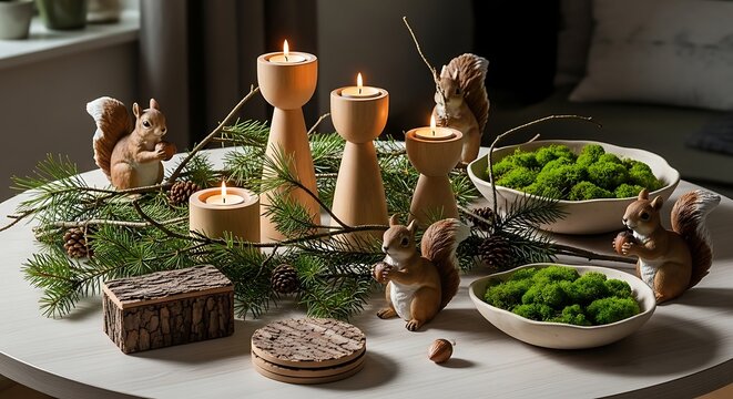 Autumnal Table Decor with Squirrel Figurines and Candles fall table decoration