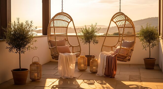 Cozy Balcony Seating with Hanging Chairs and Lanterns at Sunset