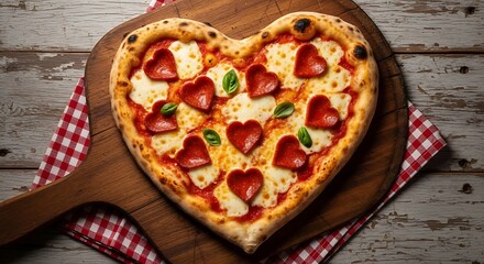Heart shaped pizza with pepperoni and basil on a wooden board food italian