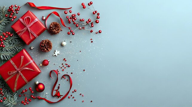 A festive arrangement of Christmas decorations including red gift boxes, pine cones, berries, and ornaments on a grey surface. - Powered by Adobe
