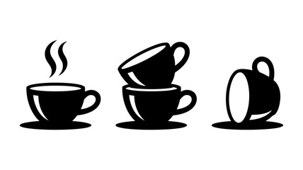 Black and white illustration of three coffee cups and saucers