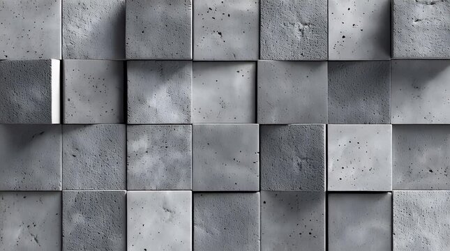 Close-up of a tiled wall texture. The image shows a repeating pattern of concrete blocks, each having a slightly different shade of gray and surface texture