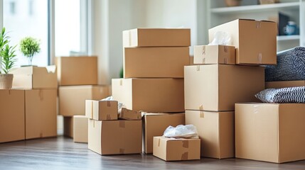 Cardboard boxes stacked in a room; moving day; home organization; stock photography