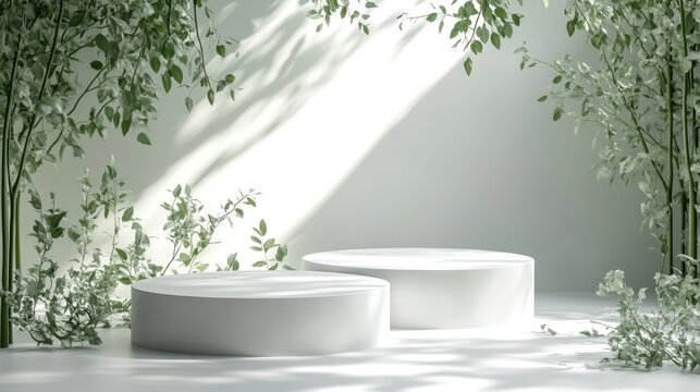 White podiums, leafy backdrop, sunlight, nature scene, product display