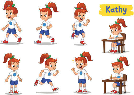 Cartoon girl kathy in various athletic and school activities showing different poses and expressions perfect for sports and education themes