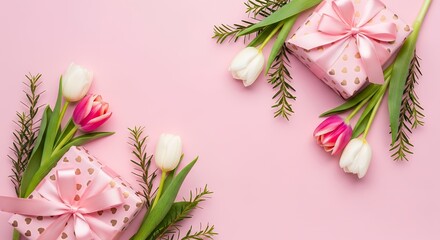 Two pink and white tulips with green leaves arranged with two pink gift boxes featuring golden hearts and bows on a pink background flowers gifts present presents spring floral decoration celebration