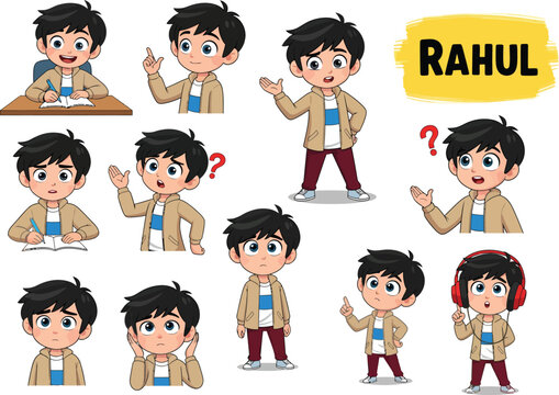 Collection of cute cartoon boy rahul poses expressing various emotions and activities with a yellow name tag