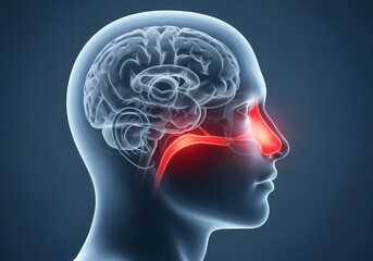 Obraz premium A detailed medical illustration showing the anatomical connection between the nasal cavity and cranial region, highlighting inflammation pathways for educational and clinical reference.