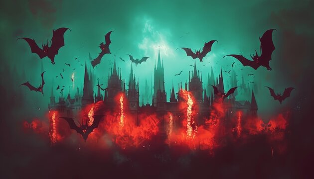 Haunting vampire castle on halloween night with bats and eerie glowing windows in gothic style