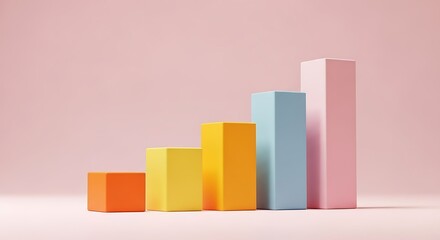 Colorful 3d bar chart showing growth and progress on a pink background