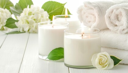 Elegant spa arrangement with candles, towels, and flowers for a tranquil wellness experience