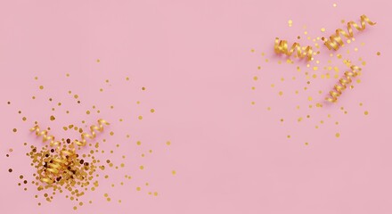 Golden confetti and curly ribbons scattered across a soft pink background representing celebration and festive occasions with a minimalist design Party Glitter Sparkle Joy Holiday Birthday Anniversary