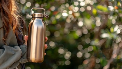 Close up of a woman s hand gripping an eco friendly reusable water bottle in nature
