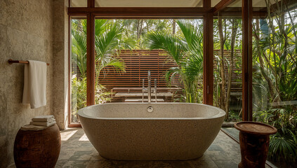 Fototapeta premium Serene spa bathroom featuring a stone bathtub tranquil atmosphere