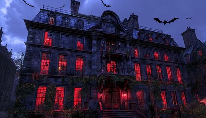 Haunting vampire castle on halloween night with eerie windows and bats in a gothic fantasy setting