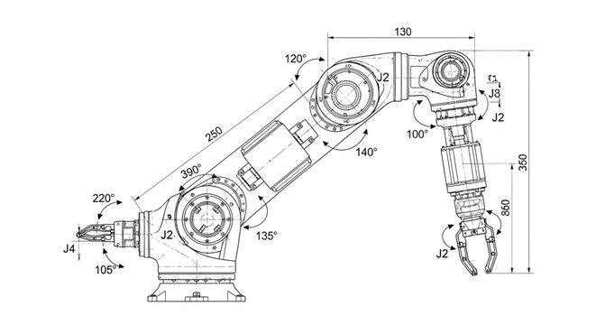 Technical schematic of an industrial robotic arm with dimensions and joint angles shown on a white background.