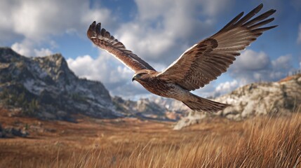 Fototapeta premium A hawk soars gracefully through a cloudy sky above a mountainous landscape, wings spread wide