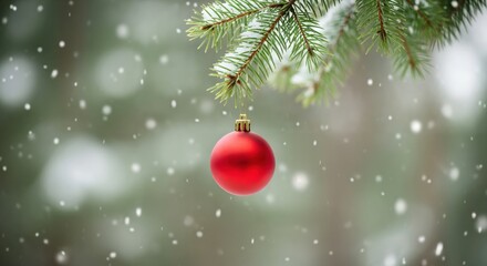 Bright red Christmas ornament hanging from a snow-covered pine tree branch with falling snowflakes creating a festive winter scene